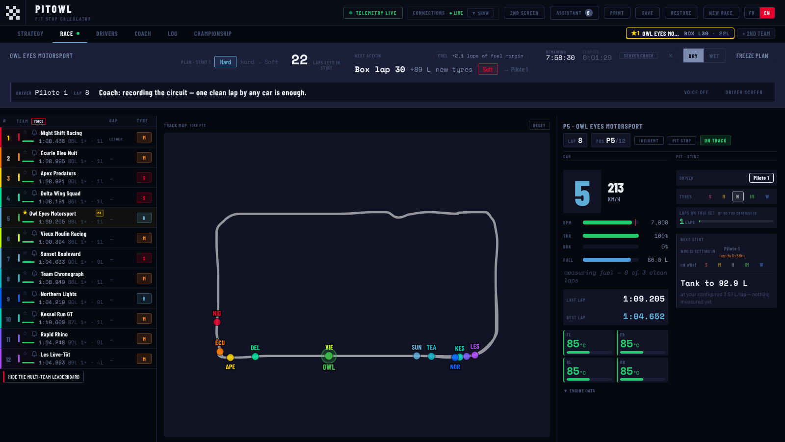 PitOwl's race screen: twelve cars on a leaderboard and track map, with the next call for the starred car.