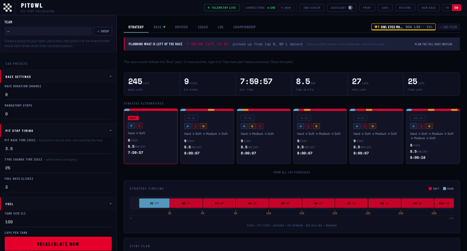 The strategy tab: the best plan and five alternatives, with stops, time lost in the pits and a stint timeline.